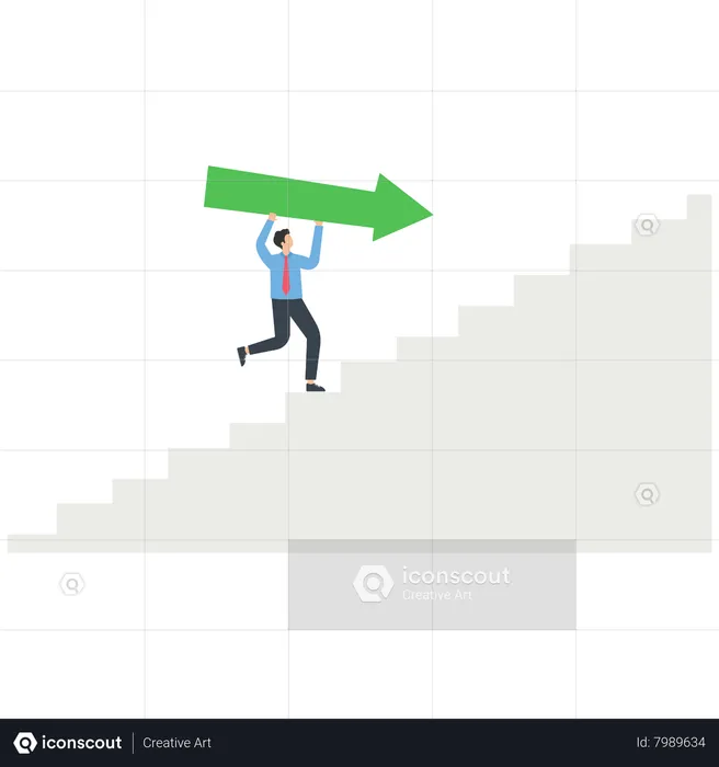 A businessman walks on a stair with an arrow  Illustration