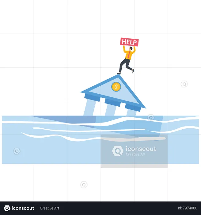 A businessman with a help sign stands on a bank that is going to sink  Illustration