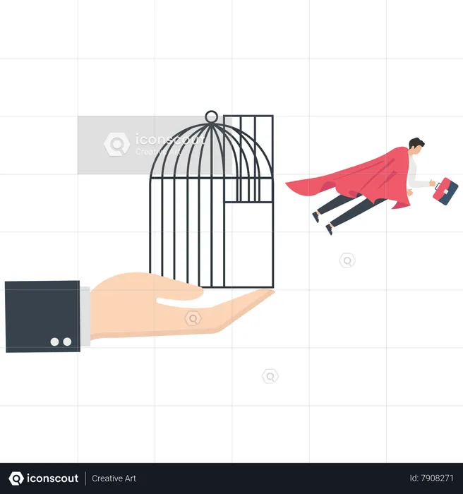 A businessman with a red cape flies from a cage  Illustration
