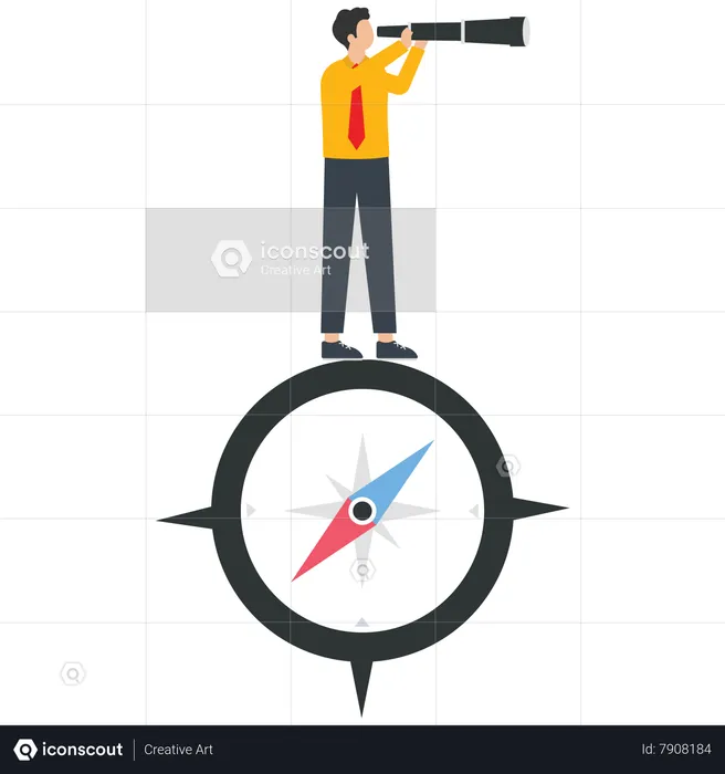 A businessman with a telescope stands on a compass  Illustration