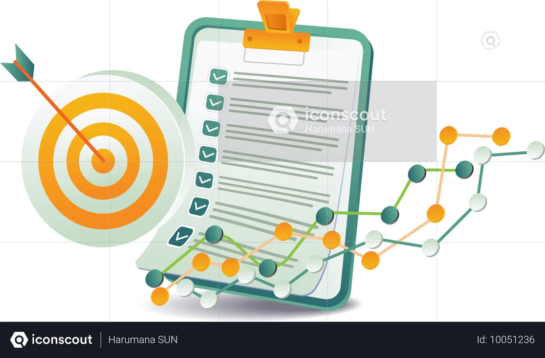 A checklist with a dart hitting a target on it  Illustration