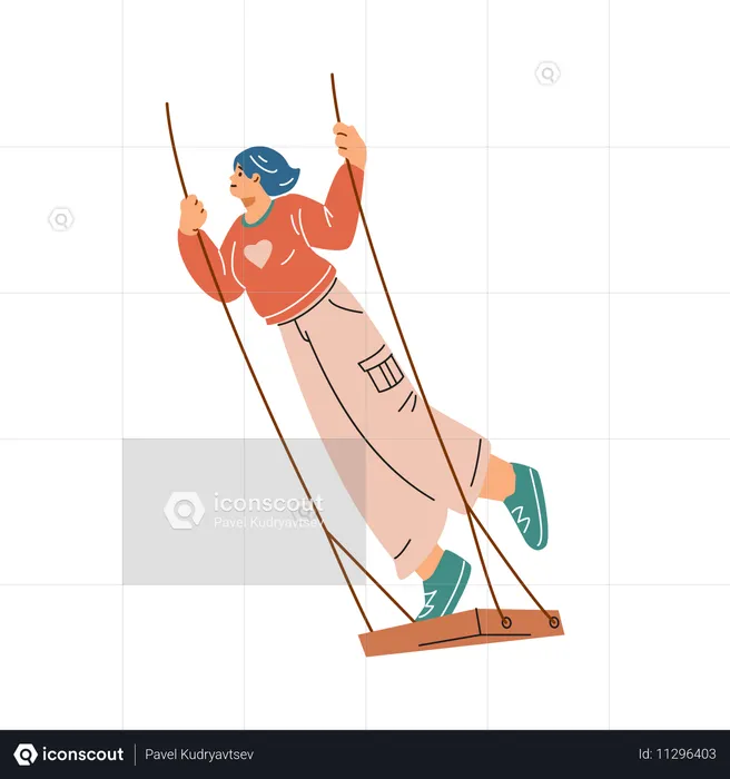 A cheerful young woman in a sweater and sweatpants swings on a swing while standing  Illustration