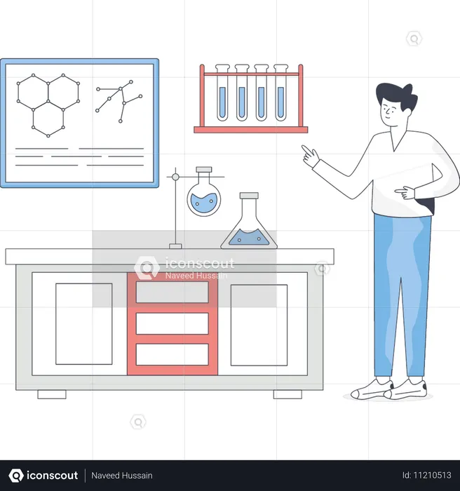 화학자가 화학관 옆에 서 있습니다  일러스트레이션