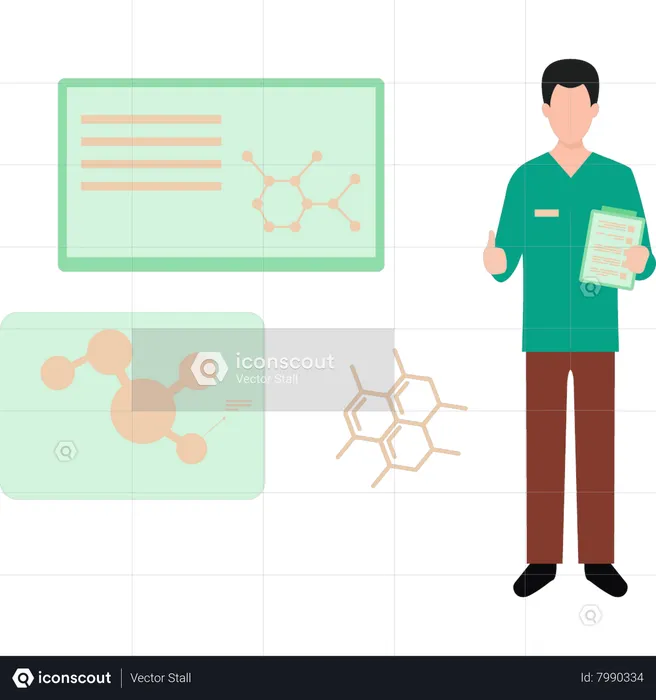A chemist stands with a clipboard  Illustration
