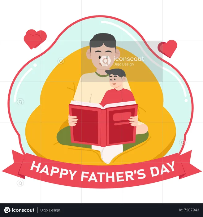 A Child And Father Are Reading A Book On Father's Day  Illustration