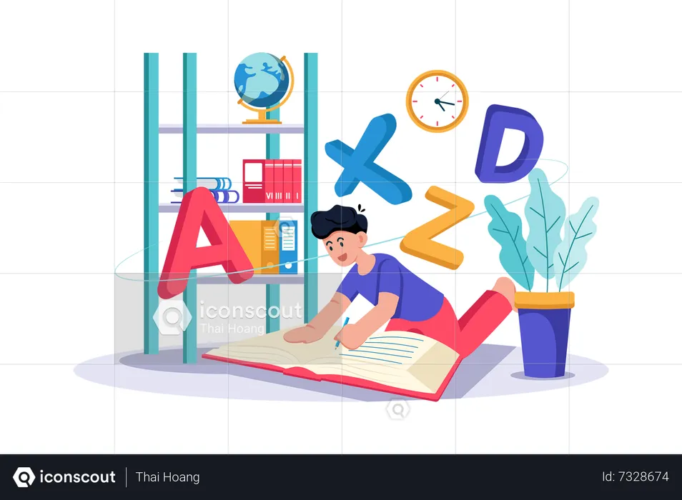 A child practices writing letters and numbers  Illustration