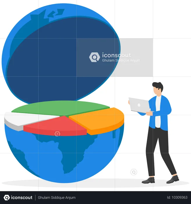 A circle chart in half of the globe and people in business clothes manage data through a touch station  Illustration