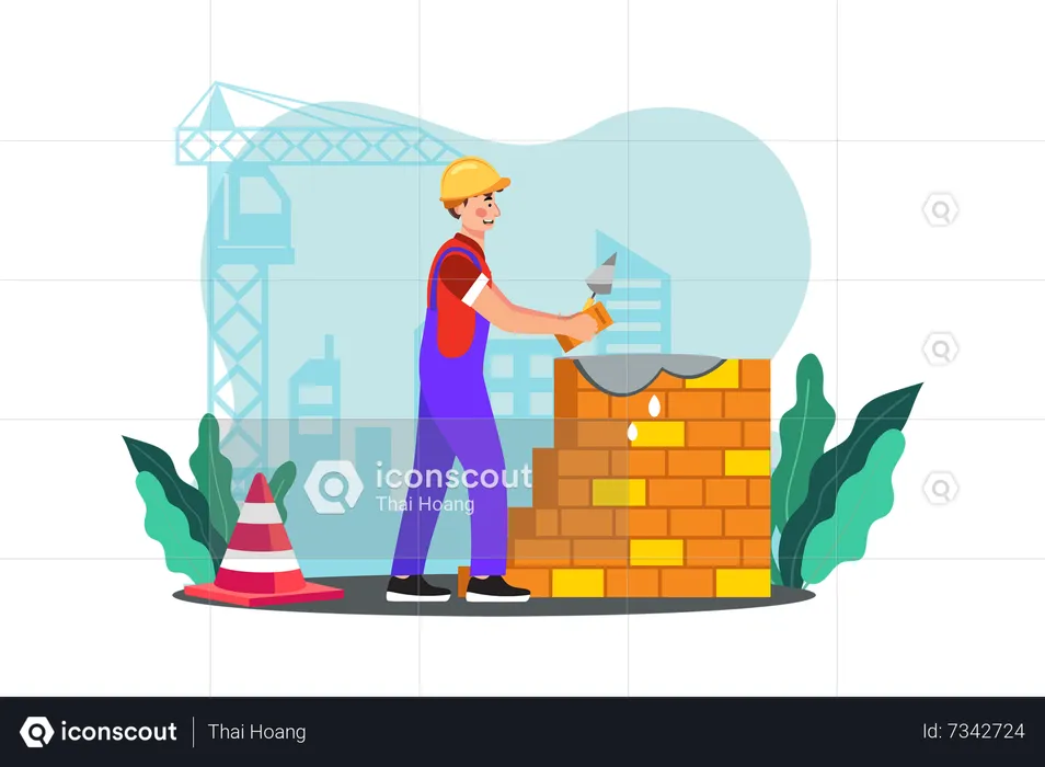 A construction worker lays bricks to build a sturdy wall  Illustration