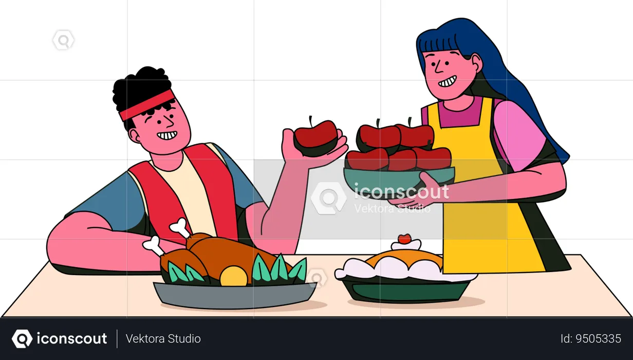 A couple enthusiastically prepares a traditional Thanksgiving meal  Illustration