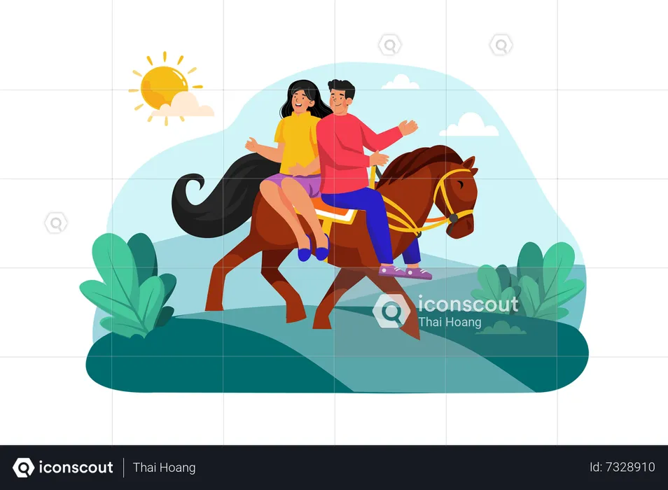 A couple goes horseback riding along picturesque trails in the morning  Illustration