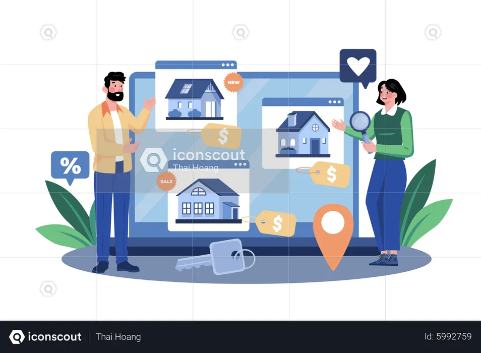 A couple searching house to rent on a laptop  Illustration