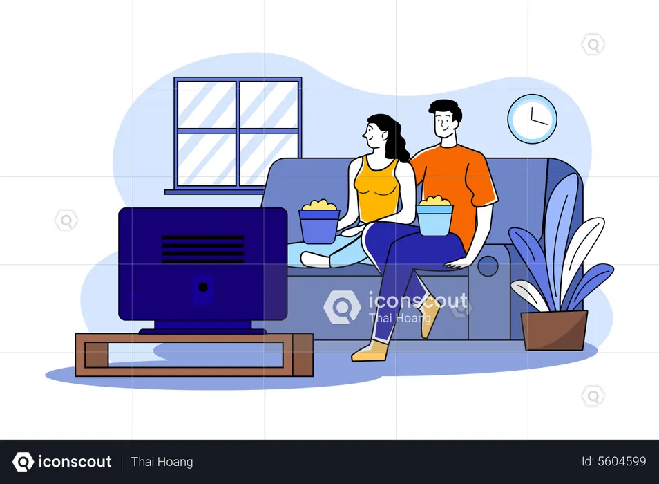 A couple watching tv in the living room  Illustration