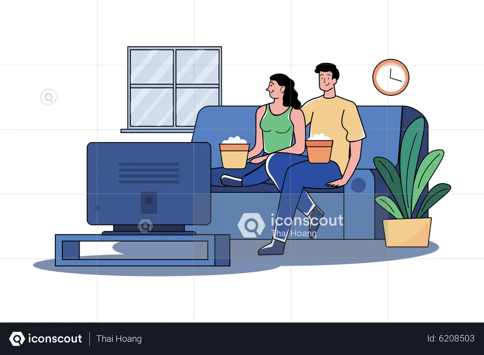 A couple watching tv in the living room  Illustration