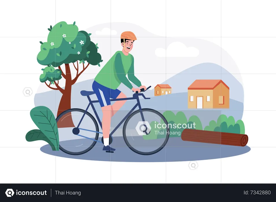 A cyclist goes for a bike ride in the countryside to appreciate the morning scenery  Illustration