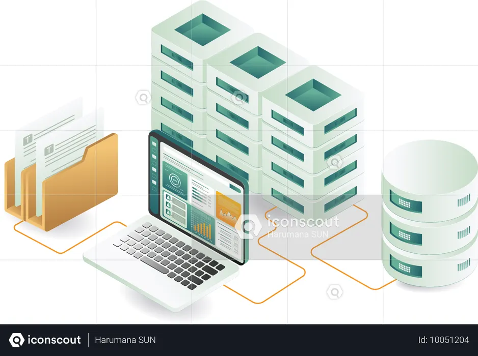 A desk with a laptop and a folder server  Illustration