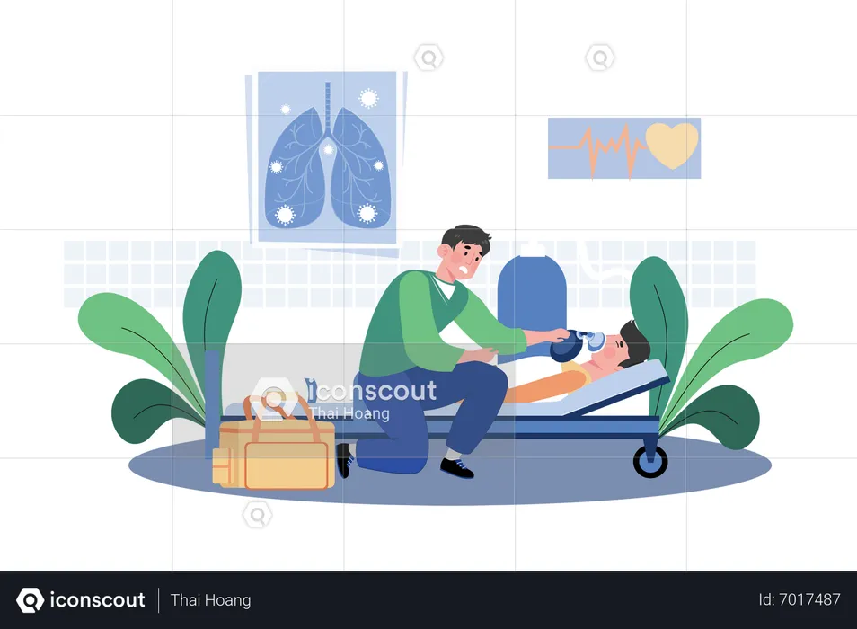 A Doctor Helps Patients Breathing Difficulties  Illustration