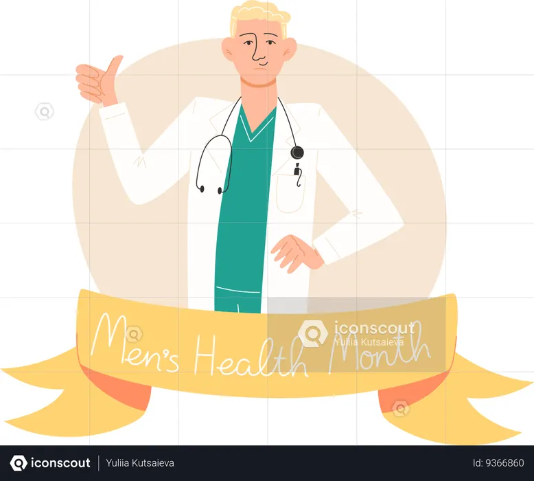 A doctor in a  coat stands and shows a thumb up  Illustration