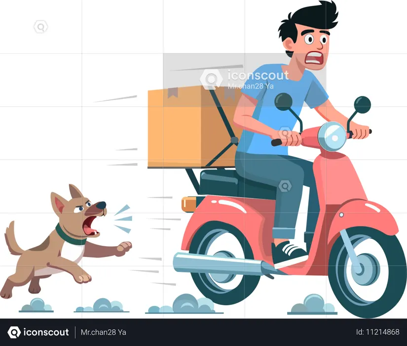A dog chases a man riding a motorcycle or scooter delivery man  Illustration