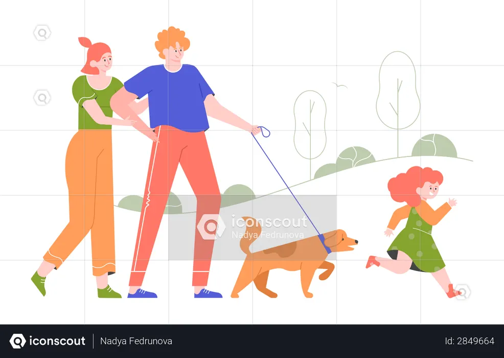 A família passeando no parque com o cachorro  Ilustração