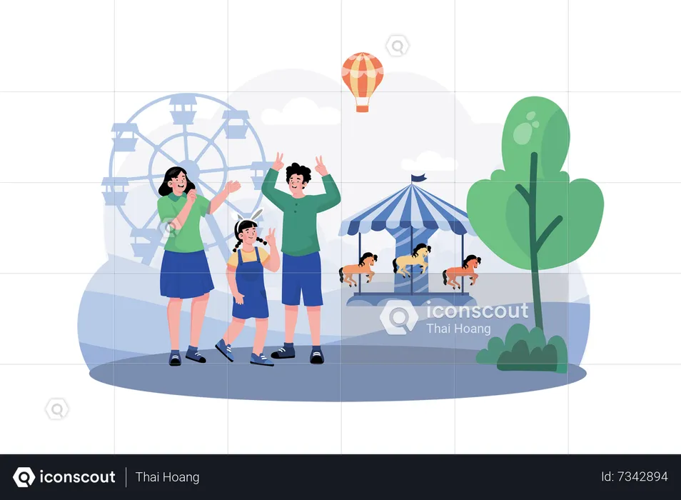 A family visits a nearby amusement park for a fun-filled morning of rides and attractions  Illustration