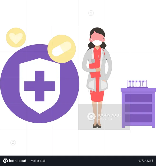 A female doctor is standing wearing a mask  Illustration