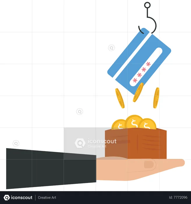 A fishing hook stealing credit card from wallet  Illustration