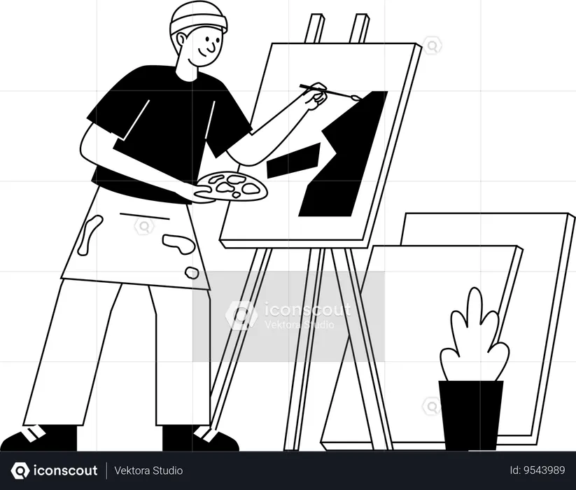 A focused male artist painting on a canvas in a studio setting  Illustration