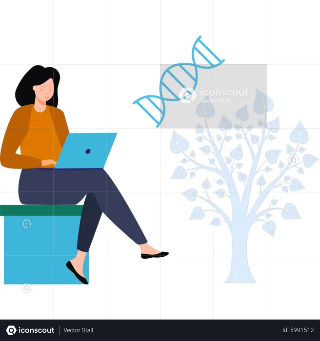 A garota com laptop fazendo pesquisas na árvore  Ilustração
