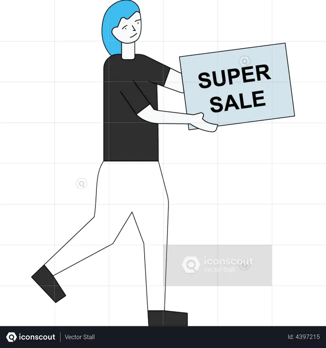 A garota está carregando um pôster da Super Sale  Ilustração