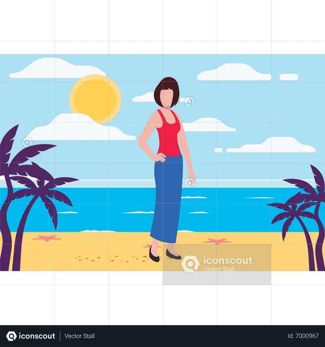 A garota está na praia no verão  Ilustração