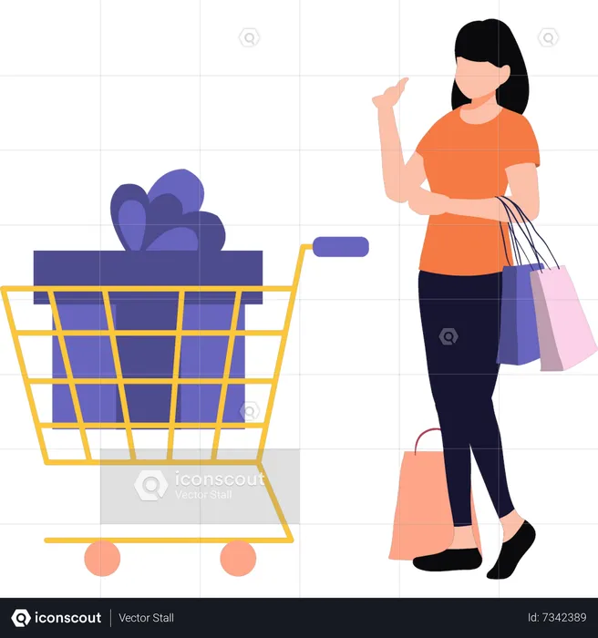 A girl carrying a shopping trolley  Illustration