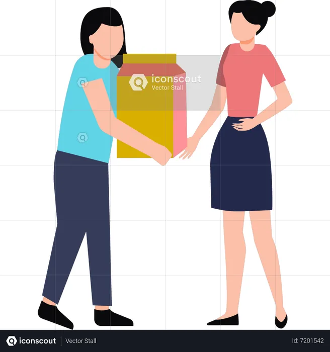 A girl is giving a charity box to another girl  Illustration