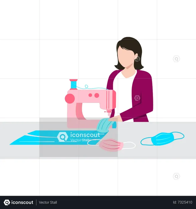A girl is sewing face masks on a machine  Illustration