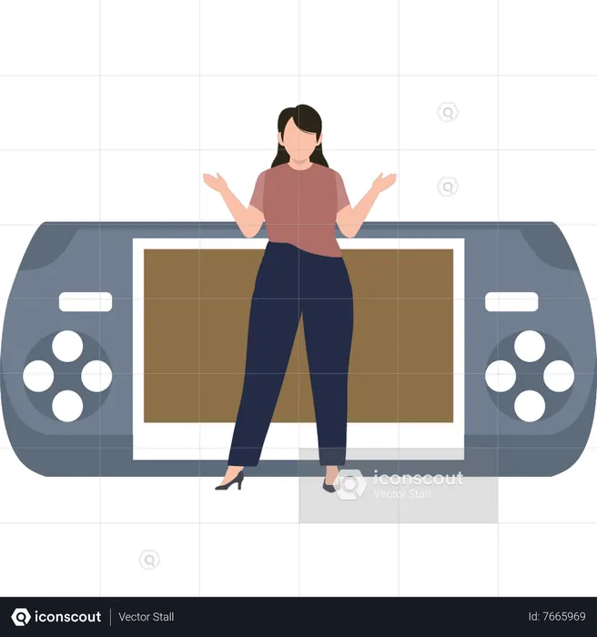 A girl is standing next to a video game  Illustration