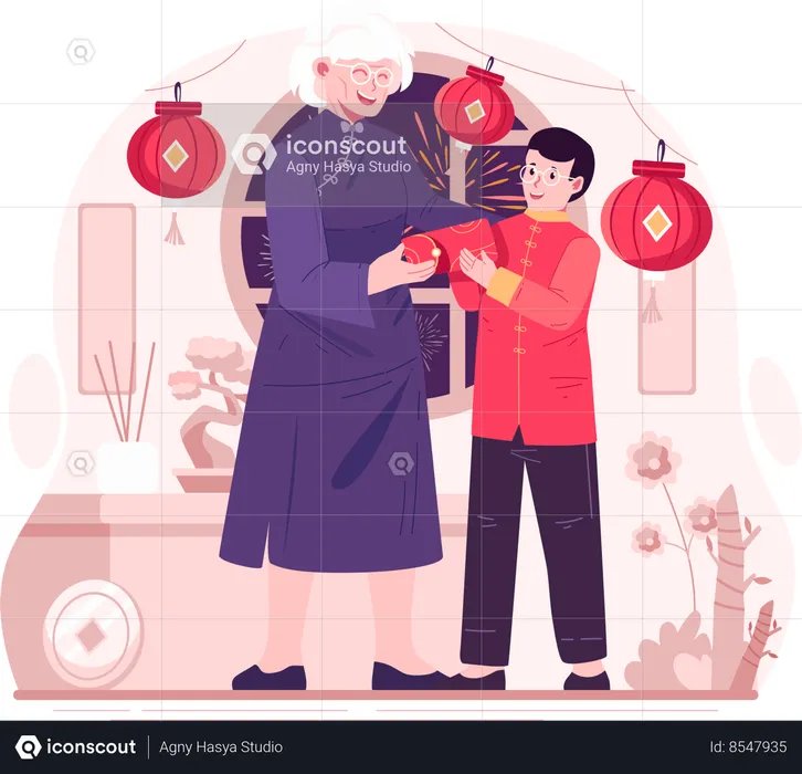 A Grandmother Giving a Red Envelope of Lucky Money to Her Grandchildren  Illustration