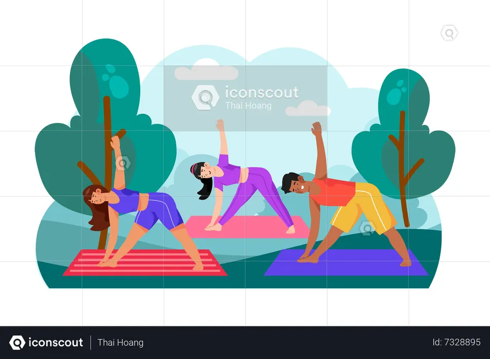 A group of friends gathers for a morning yoga session in the park  Illustration