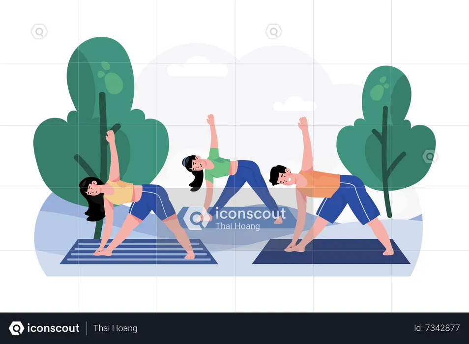 A group of friends gathers for a morning yoga session in the park  Illustration