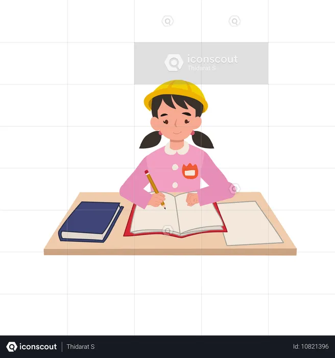 日本の制服を着た幼稚園児が学校の机で勉強したりメモを取ったりしている  イラスト