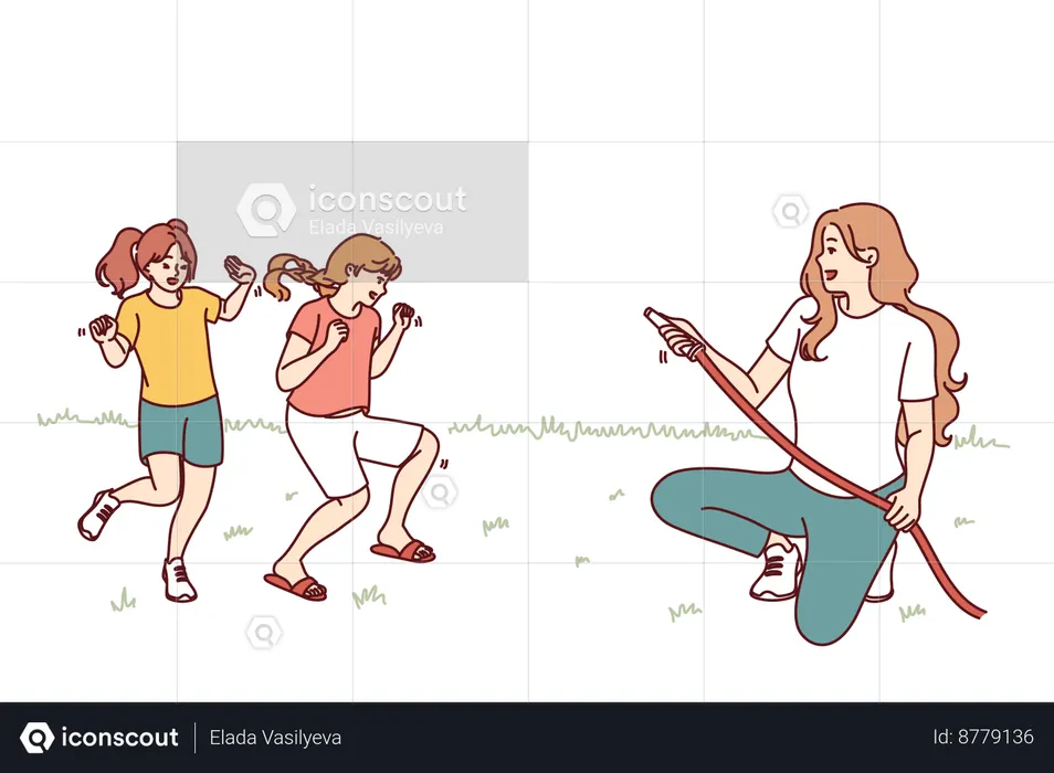 A mãe está regando as crianças no jardim  Ilustração