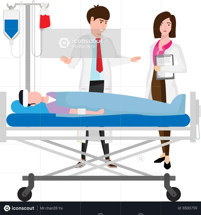A male doctor and a female doctor analyze the condition of a patient's broken bone and need urgent surgery  Illustration