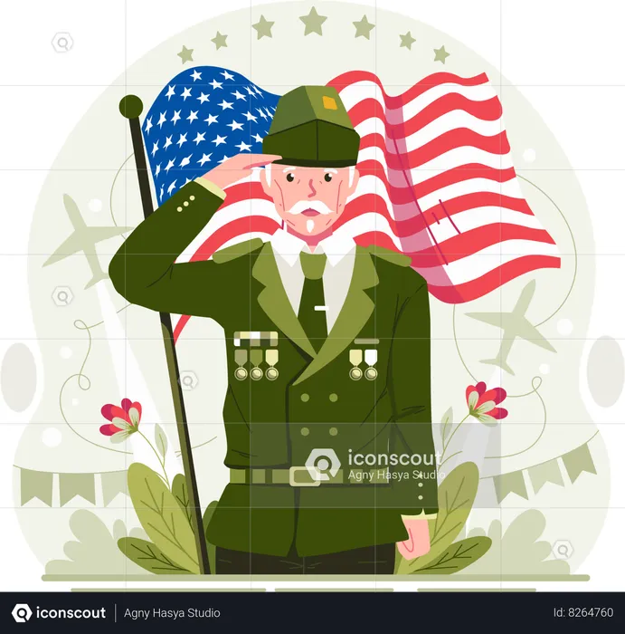 A Male Senior Veteran Saluting on Veterans Day With a Fluttering American Flag  Illustration