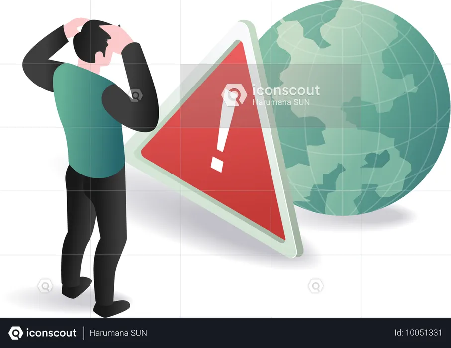 A man examines a globe featuring a warning sign, emphasizing the importance of global issues  Illustration