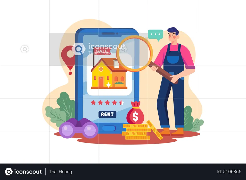 A man finding a house for rent on a mobile app  Illustration