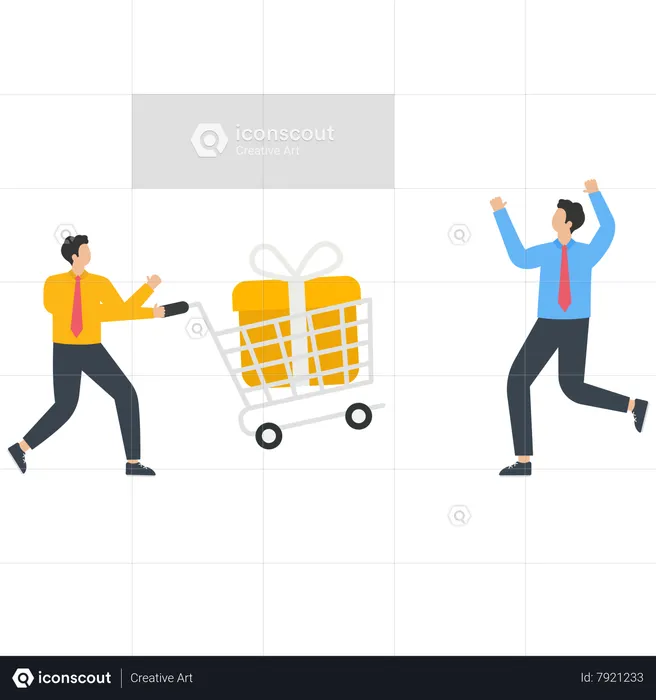 A man gives a present to a other man by a shopping cart  Illustration