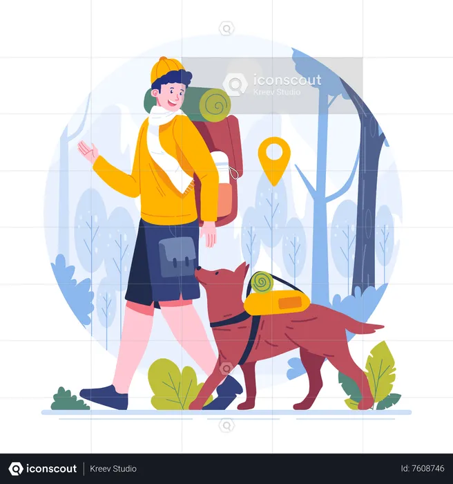 A man hiking a mountain with his pet  Illustration