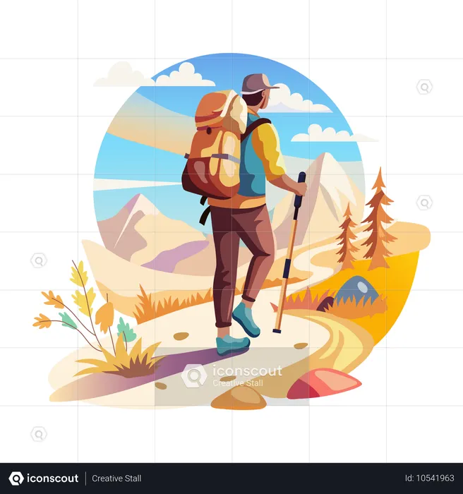 A man hiking on a strange path  Illustration