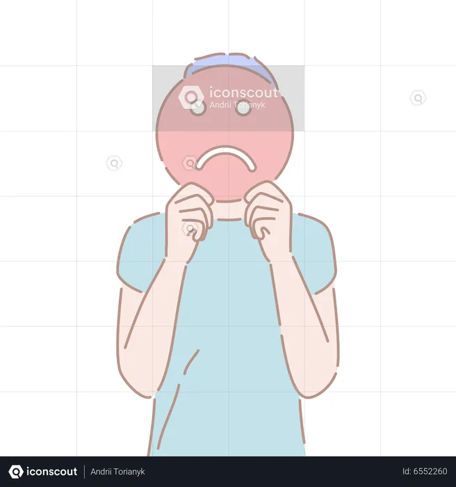 A man holding an sad emoji sign in front of his face negative facial expression  Illustration