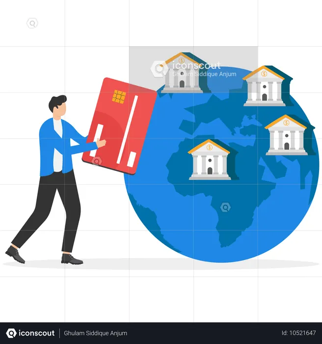 A man in a business suit inserts a credit card into the globe as in an ATM  Illustration