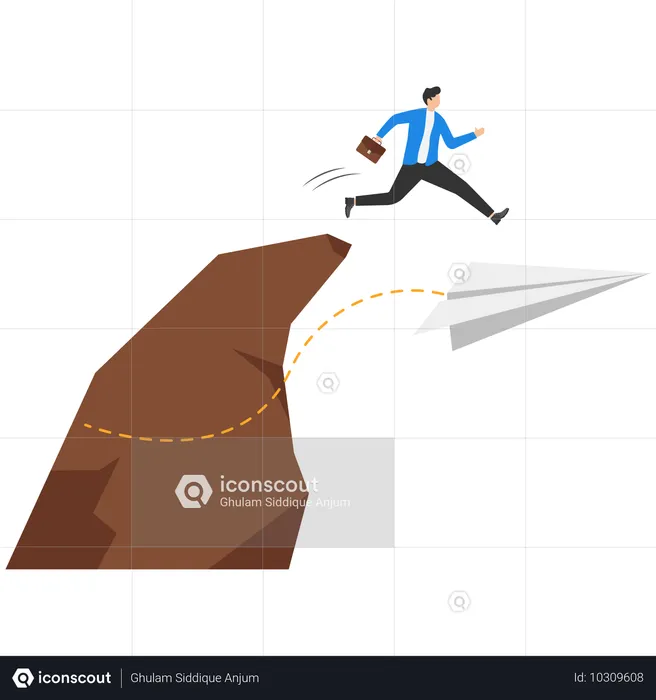 절벽에서 날아다니는 흰 종이 비행기를 타고 점프하는 비즈니스 정장 차림의 남자  일러스트레이션
