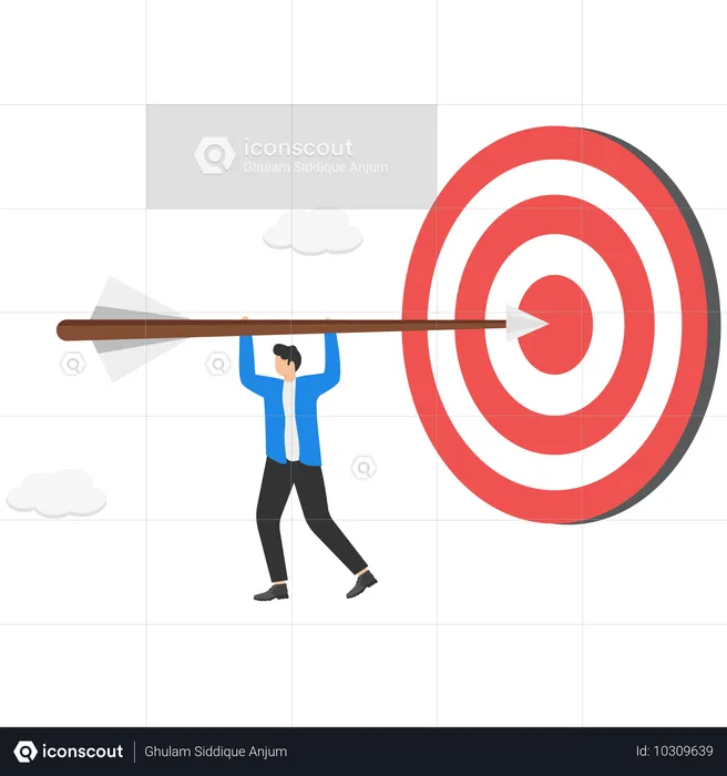 A man in a business suit hanging on an arrow that sticks out of the target  Illustration